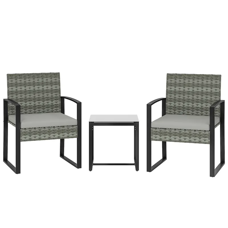 Outsunny Set bistro din ratan, set mobilier de grădină 3 piese cu 2 scaune de grădină, masă de cafea, perne detașabile Gri deschis
