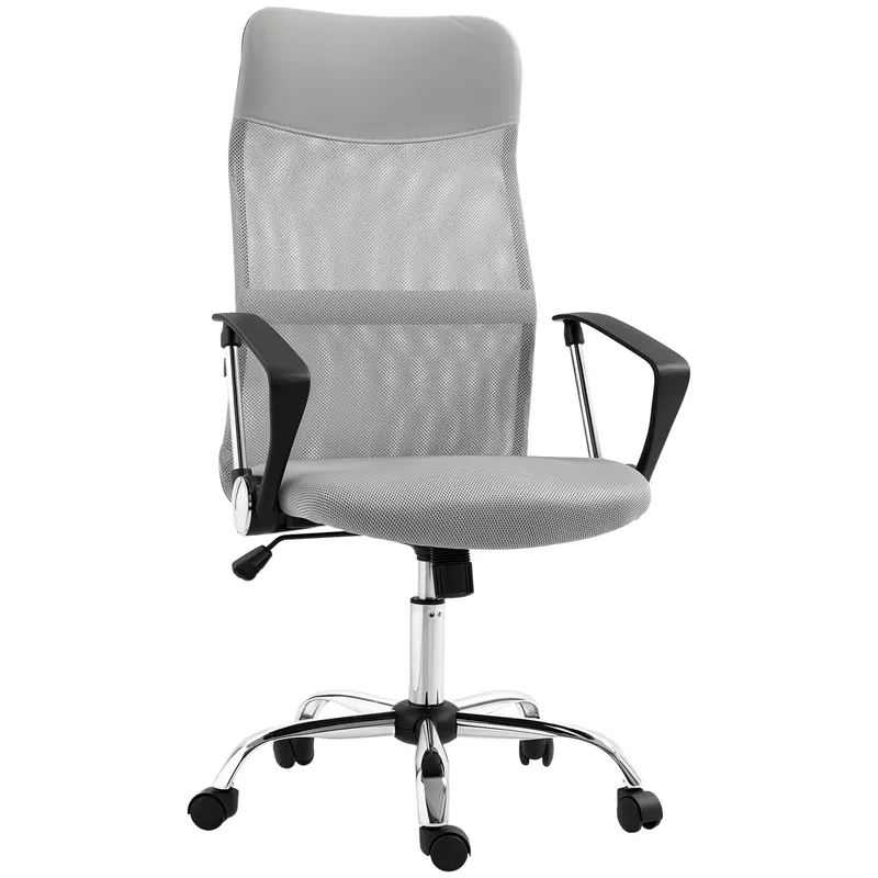 HOMCOM Scaun Ergonomic de Birou Rotativ, Înălțime Reglabilă și Spătar din Plasă, 63x65x109-119 cm, Gri Deschis
