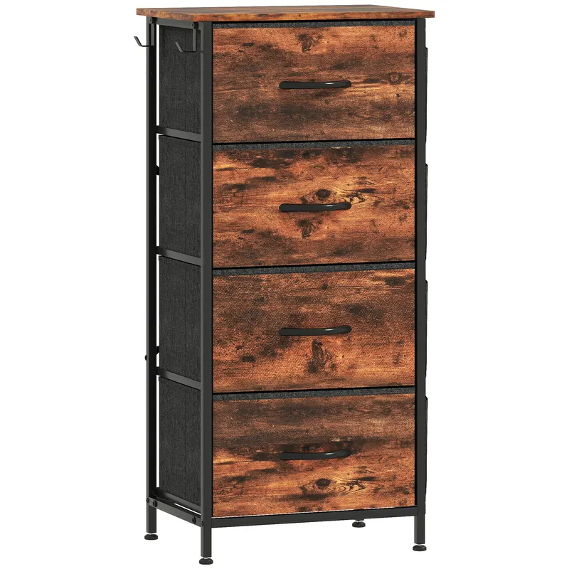 HOMCOM Comodă cu 4 sertare din material textil, mobilier de depozitare cu 4 buzunare, 2 cârlige, structură din oțel, 45 x 30 x 94,5 cm, maro