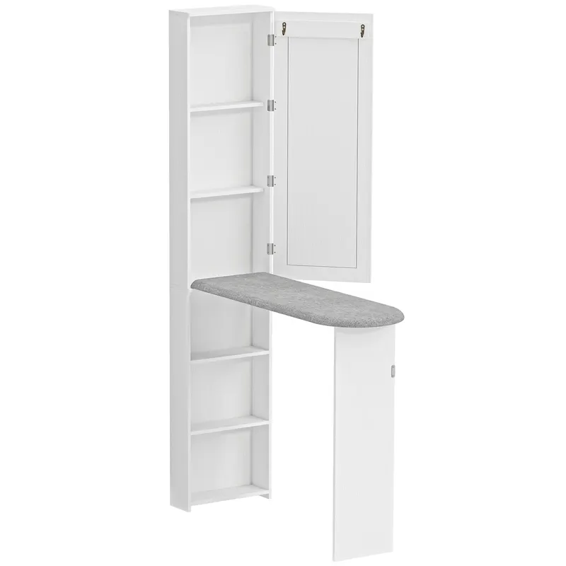 HOMCOM Dulap pliabil pentru masă de călcat cu ușă rafturi interne oglindă Economisitor de spațiu Masă de călcat pentru îngrijirea rufelor 106x35x174 cm Alb