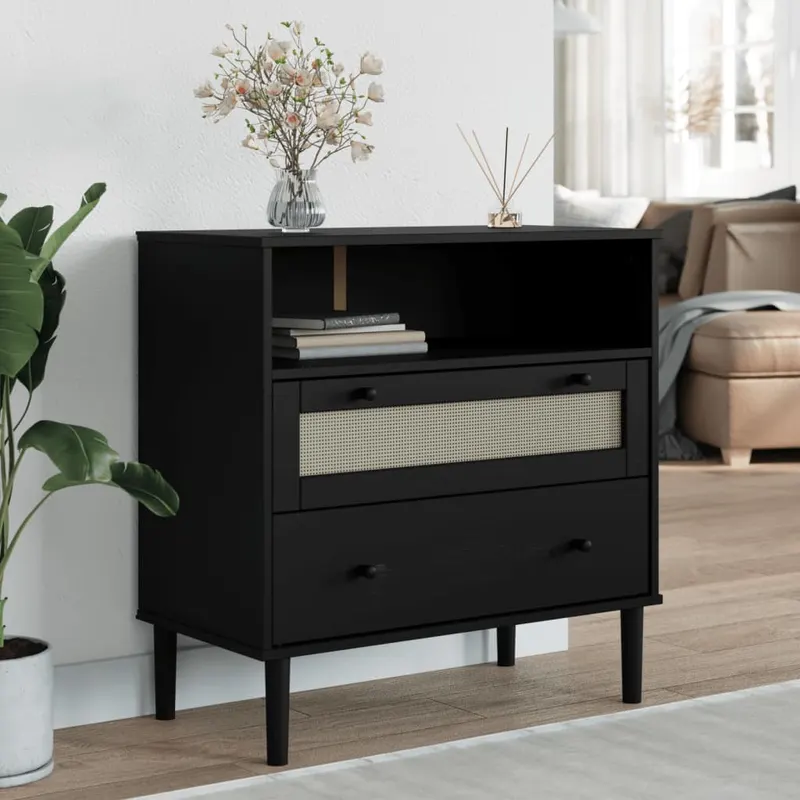 servanta senja, aspect ratan negru, 80x40x80 cm, lemn masiv pin