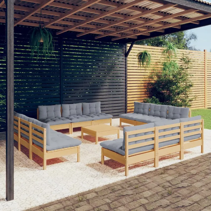 set mobilier gradina cu perne, 13 piese, gri, lemn de pin