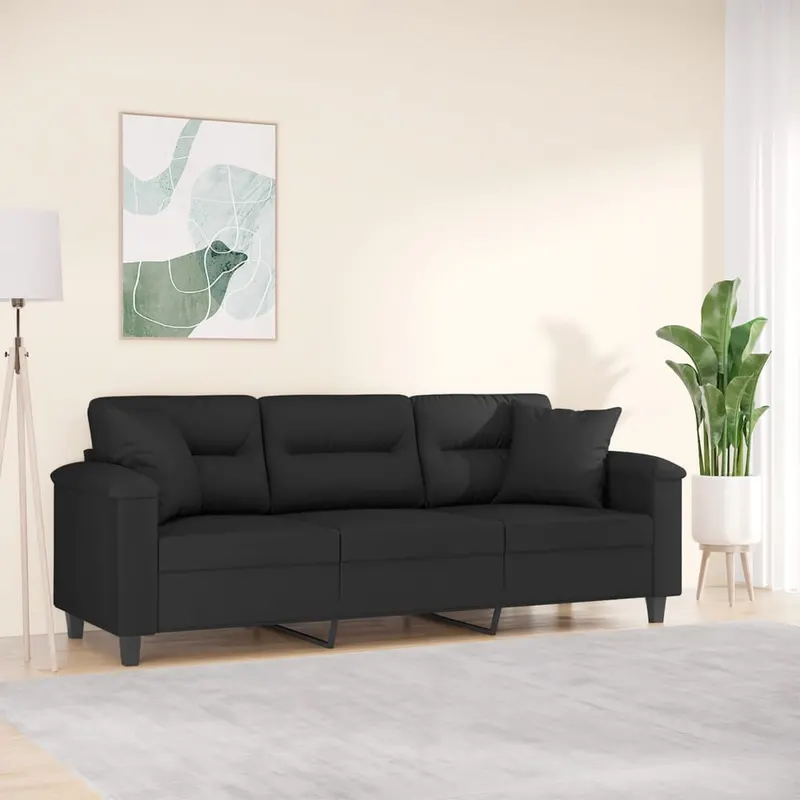 canapea cu 3 locuri si perne, negru, 180 cm, microfibra