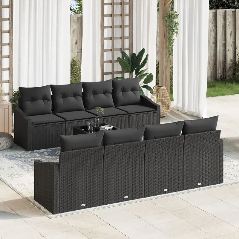 set canapea gradina 7 piese si perne, negru, rattan sintetic
