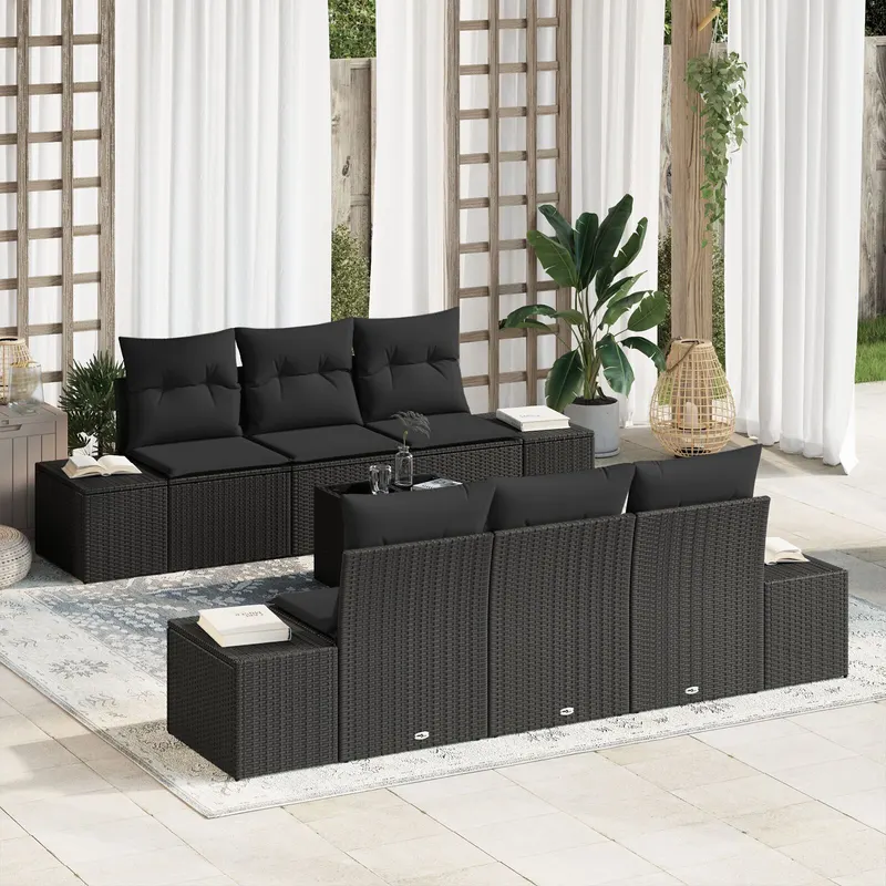 set de canapea de gradina cu 7 piese si perne din ratan negru