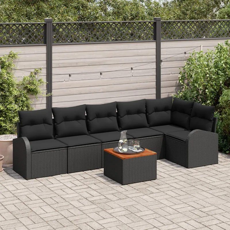 set canapea de gradina 7 piese cu perne negru poli ratan acacia