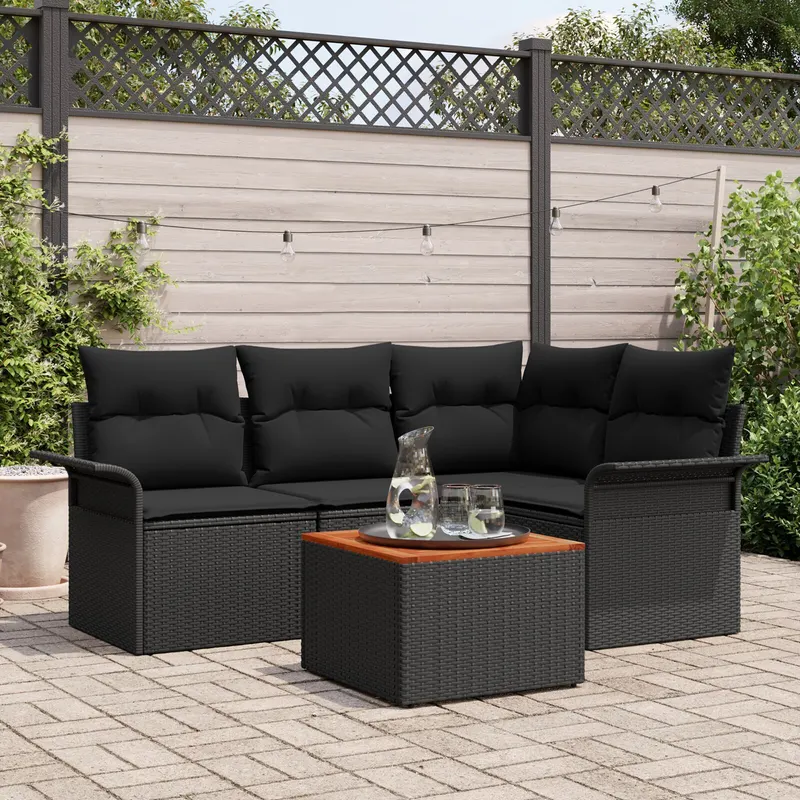 set canapea gradina cu perna neagra din poliratan acacia