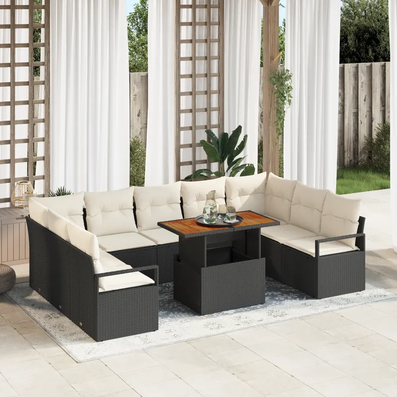 Set de sofa de gradina cu 10 piese si perne, negru, ratan poli, acacia, sofa de gradina cu 2 locuri si perne, negru, ratan poli