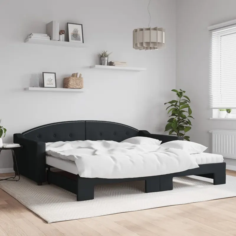 Pat de zi cu extensie si saltele, negru, 100x200 cm, textil