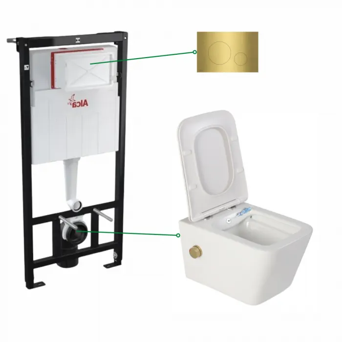 Set vas wc suspendat alb cu functie bideu si baterie auriu mat Safari, rezervor incastrat si clapeta alama periat, Alcadrain