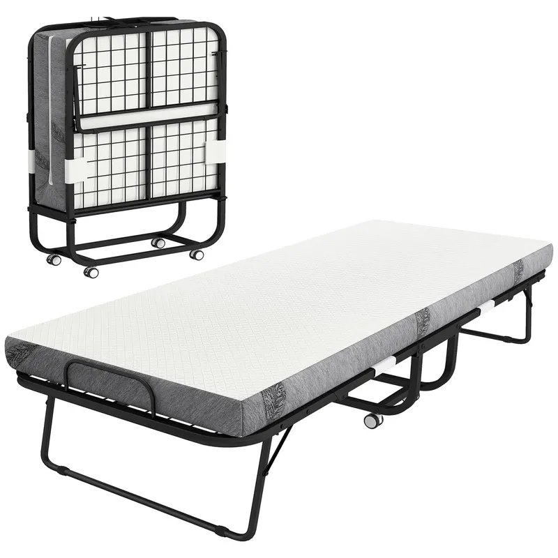 HOMCOM Pat Pliabil Single 90x200 cm cu Saltea de 10 cm Grosime, Cadru din Metal și Roți cu Frână, Negru