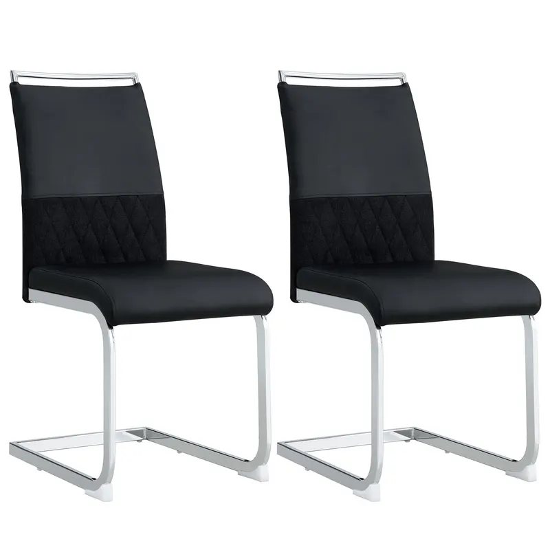 Set de 2 Scaune moderne pentru sufragerie, cu spătar înalt, din PU și material textil, pentru Bucătărie și birou, Negru