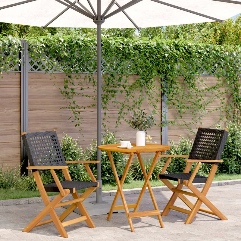 set mobilier bistro, 3 piese, negru, poliratan si lemn masiv