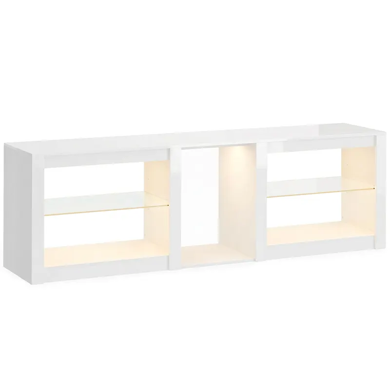 HOMCOM Lowboard TV cu iluminare RGB-LED, mobilier TV modern cu polițe din sticlă reglabile, pentru televizoare până la 190,5 cm, alb