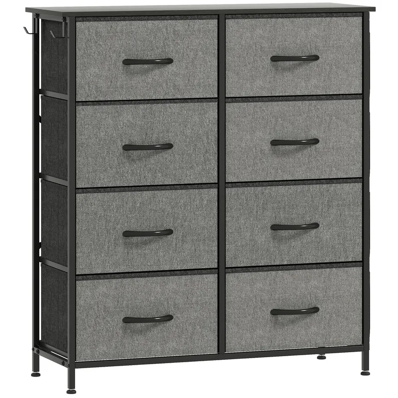 HOMCOM Comodă 8 sertare din material textil, mobilier de depozitare cu 4 buzunare, 2 cârlige, structură din oțel, 86 x 30 x 94,5 cm, gri