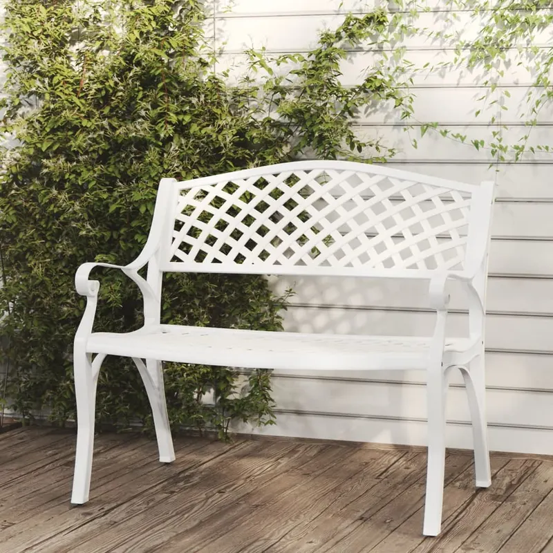 banca de gradina, alb, 102 cm, aluminiu turnat