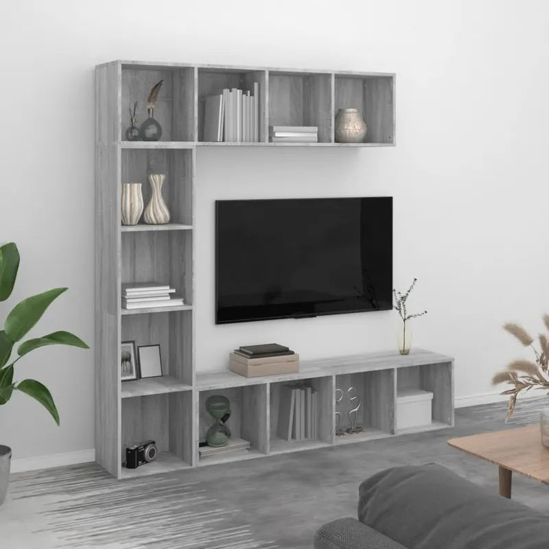 set dulap tv/carti, 3 piese, sonoma gri, 180x30x180 cm