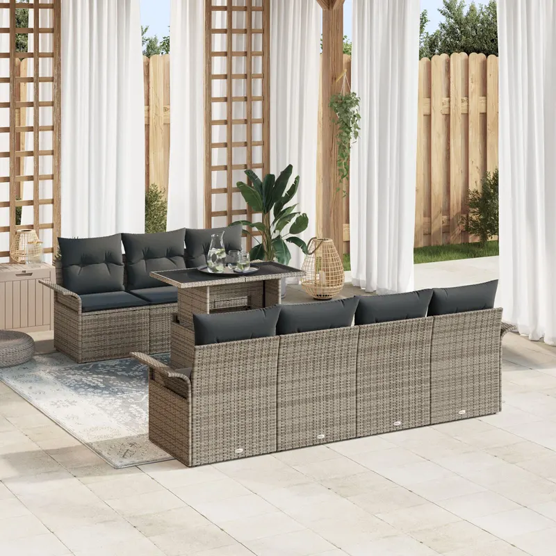 set canapea de gradina 8 piese cu perne gri din ratan poliester