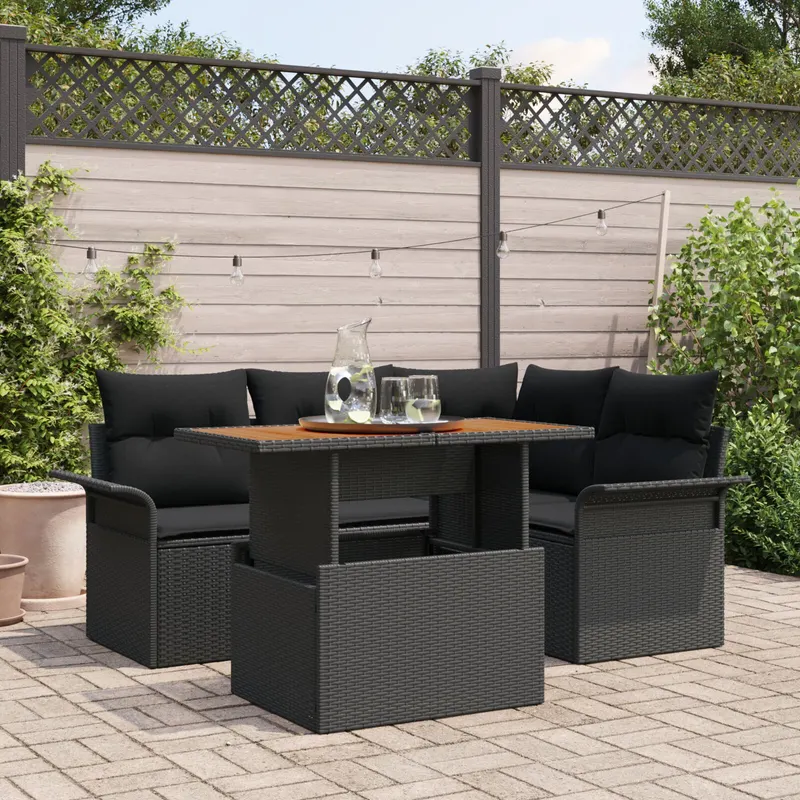 set de dining pentru gradina cu 5 piese si perne negre din poliratan si acacia