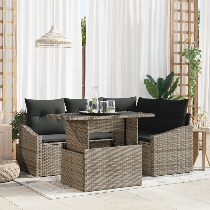set de canapea de gradina cu 5 piese si perne gri din ratan poliester