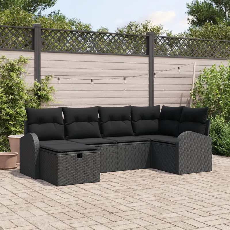 set de canapea de gradina cu 6 piese si perini negre din poliratan