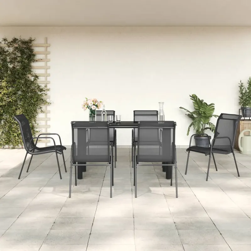 set mobilier de gradina, 7 piese, negru, otel si textilena