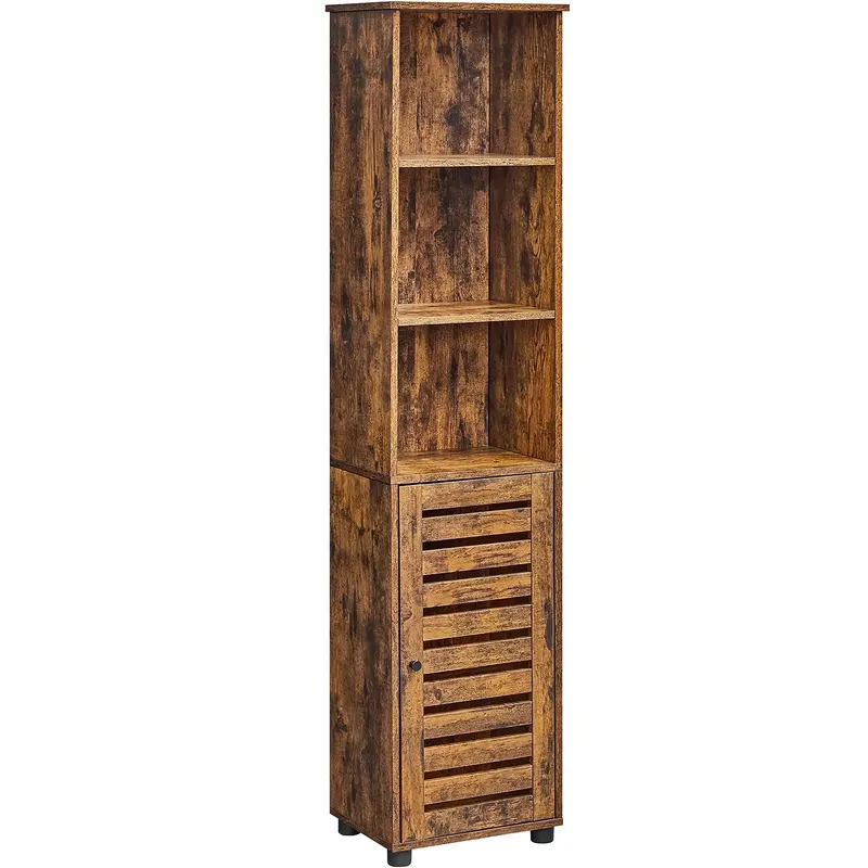 Dulap baie 3 compartimente deschise usa depozitare, 40x30x167 cm, design vintage, maro