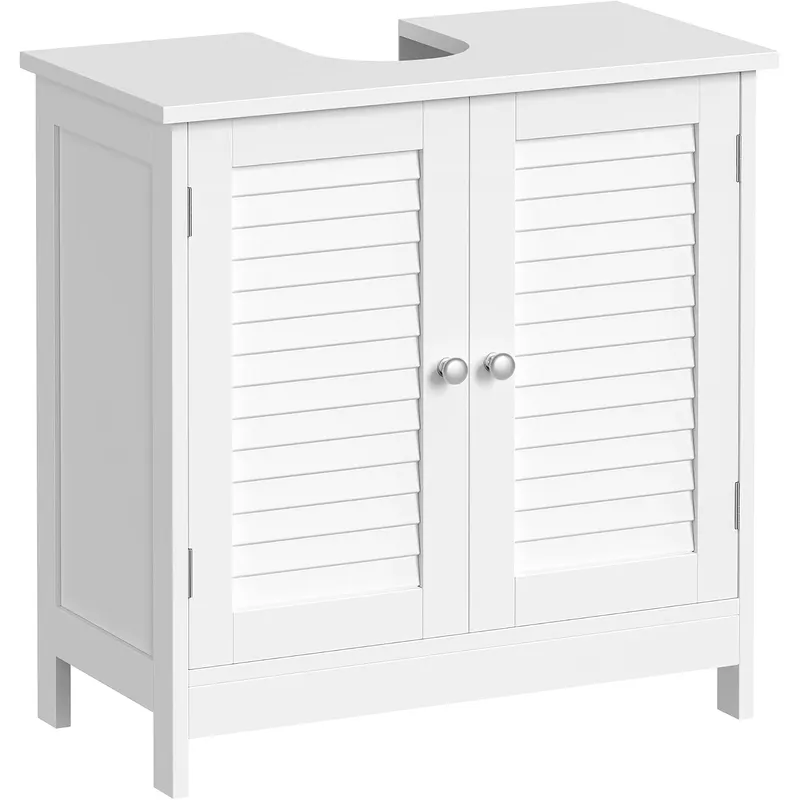 Dulap baie pentru lavoar cu raft reglabil, design scandinav cu 2 usi tip lamele, MDF, 60x30x60 cm, alb mat