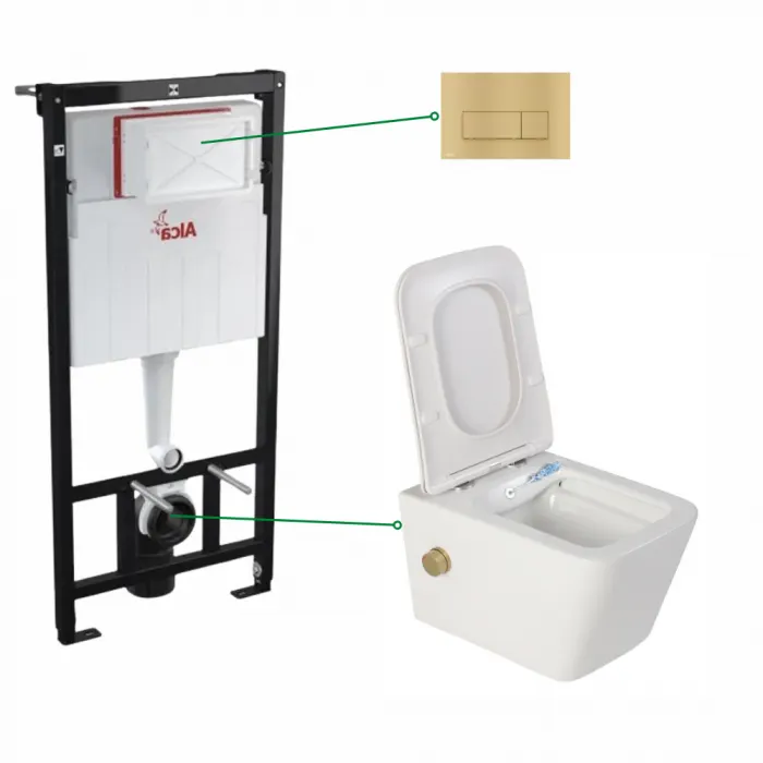 Set vas wc suspendat alb cu functie bideu si baterie auriu mat Safari, rezervor incastrat si clapeta auriu mat, Alcadrain