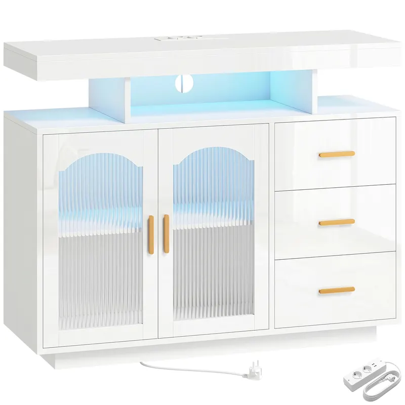 HOMCOM Bufet cu LED RGB în 7 culori Prize Porturi USB 3 Sertare Rafturi Deschise 2 Uși Alb Lucios 100x35x80 cm