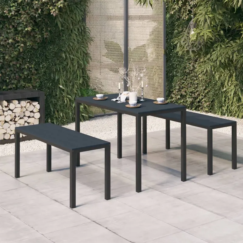 set mobilier de gradina, 3 piese, negru, wpc si otel