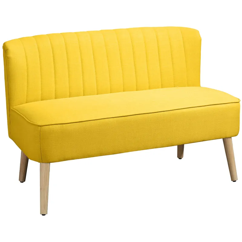 HOMCOM Canapea cu 2 Locuri din Țesătură, Fără Brațe, Canapea de Sufragerie cu Picioare din Lemn, 117x56,5x77 cm, Galben