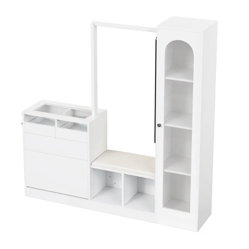 Combinație 6-în-1 pentru intrare cu iluminare LED, set cuier, masă de toaletă, bancă pentru pantofi, dulap rabatabil pentru pantofi și vitrină din sticlă, 163x35x161 cm, Alb
