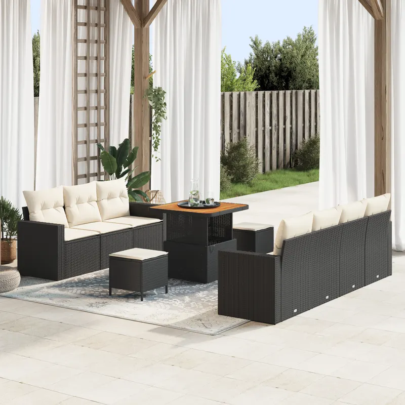 Set canapea gradina 10 piese cu perne ratan negru acacia, set mese gradina 3 piese cu perne ratan negru acacia