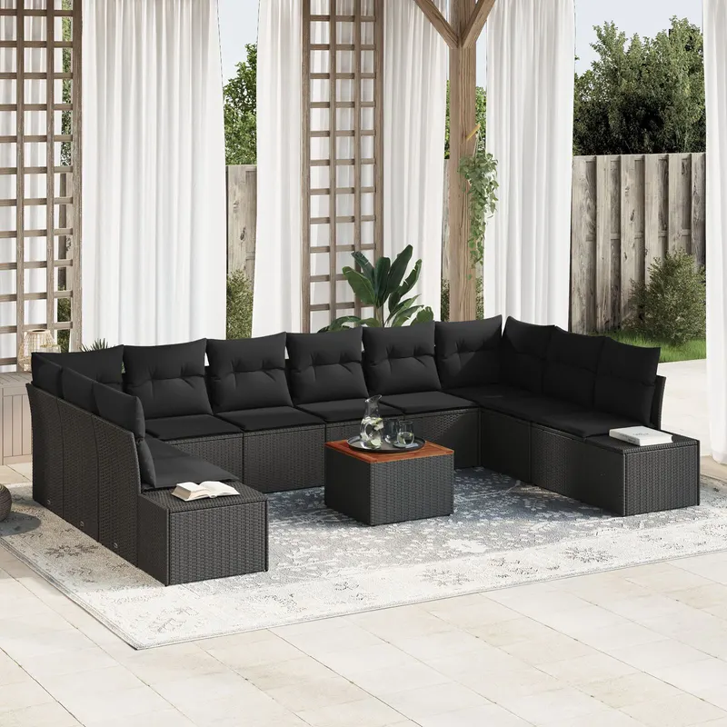 set de sofa de 11 piese pentru gradina cu perne negru poli ratan acacia