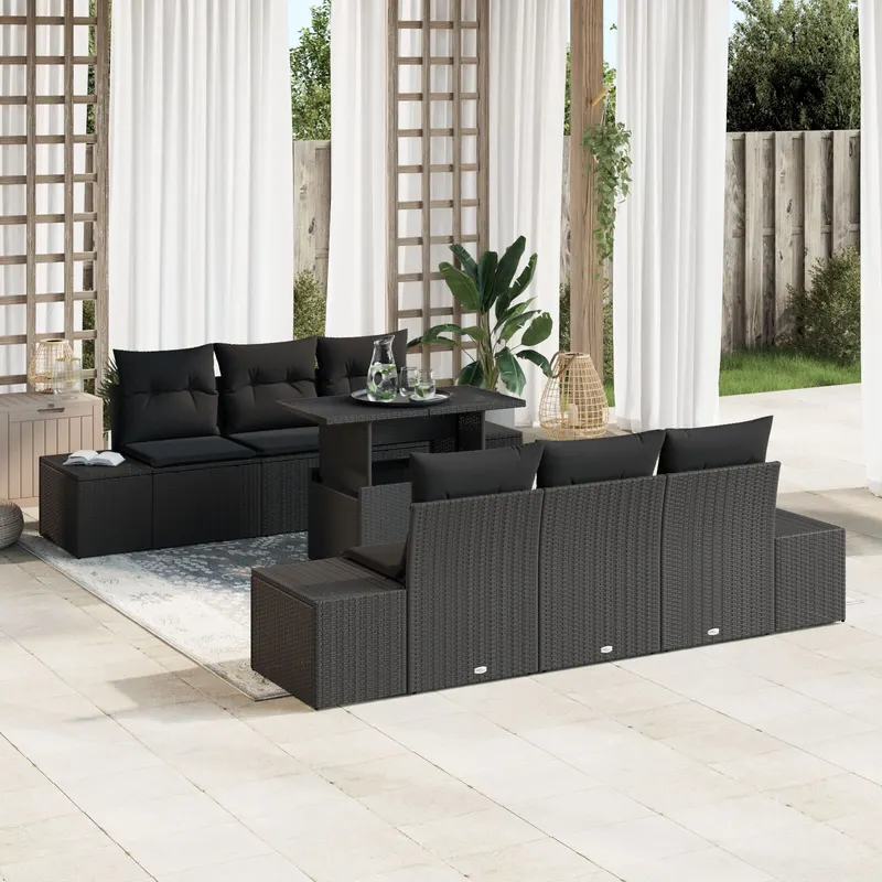 set de canapele pentru gradina cu perne, rattan poli negru, 7 piese