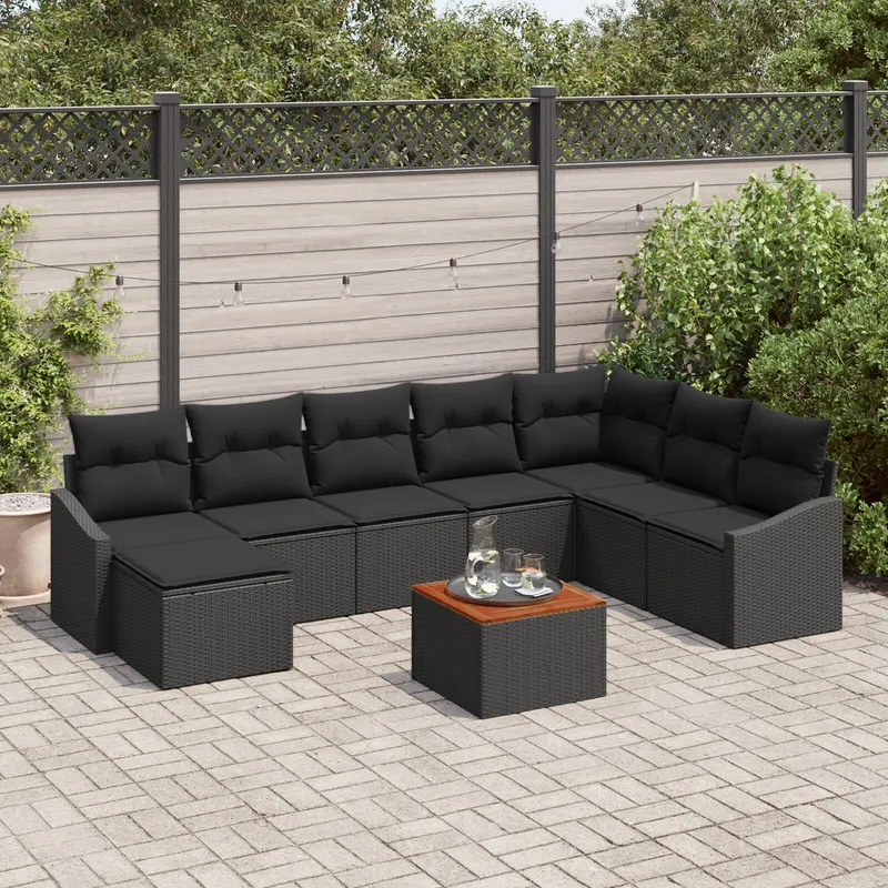 set canapea de gradina 9 piese cu perne negru poli ratan acacia