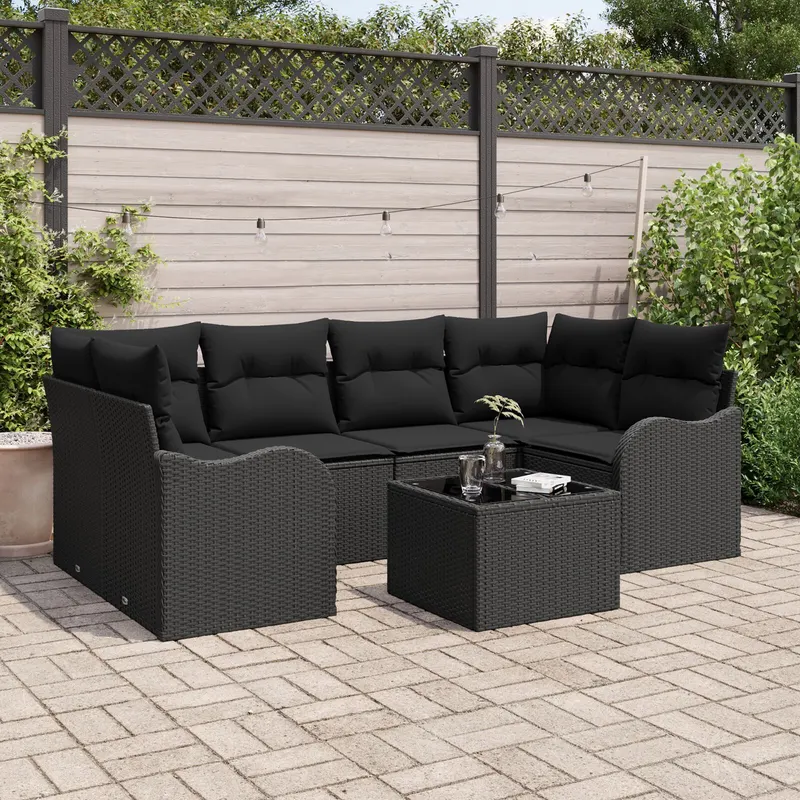 Set canapea gradina 7 piese cu pernite ratan poliratan negru, canapea gradina 2 locuri cu pernite ratan poliratan negru