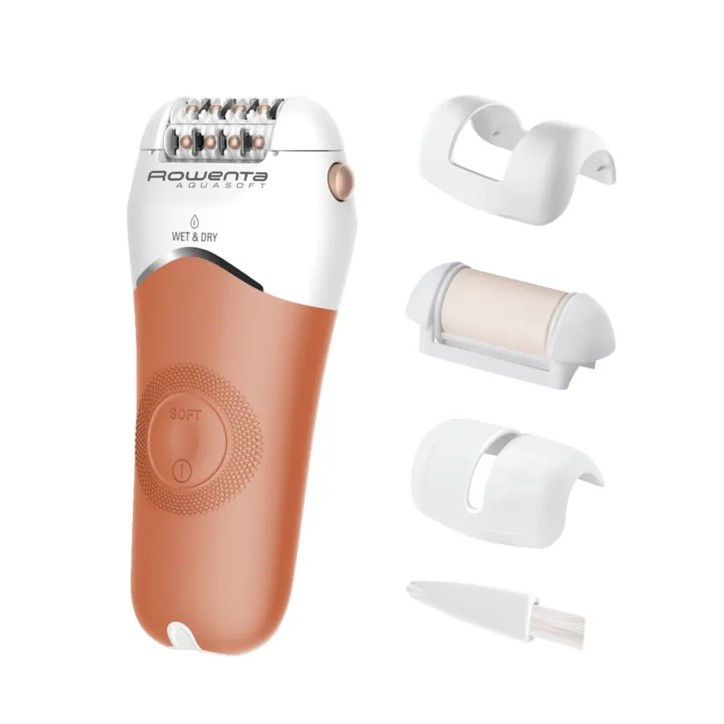 Epilator Rowenta Aqua Soft EP4920F0, 40 min autonomie, WetDry, 4 accesorii, Skin Respect technology, bile pentru masaj, corai