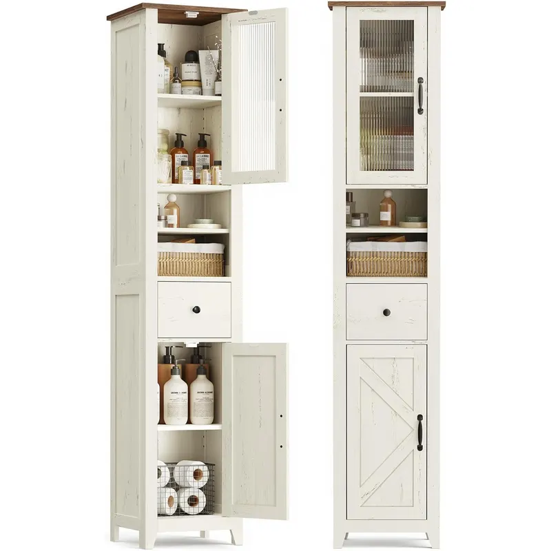 Dulap baie ingust Liry, tip coloana, cu sertar, compartimente deschise si usi, MDF, 33x32x171 cm, alb rustic
