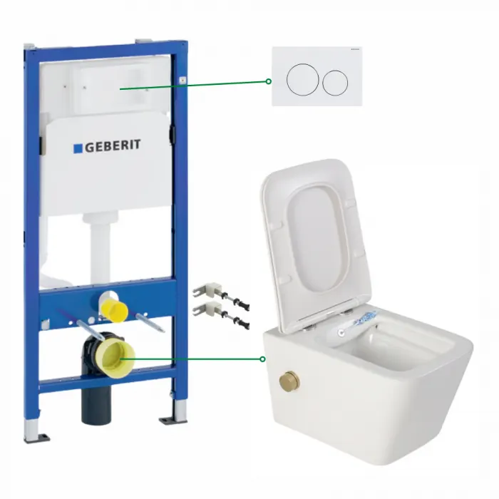 Set vas wc suspendat cu functie bideu si baterie auriu mat Safari, rezervor incastrat si clapeta alb lucios, Geberit Delta