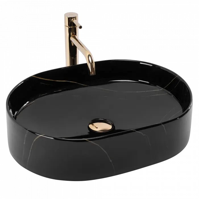 Lavoar pe blat oval, negru piatra cu finisaj lucios 50 cm, Rea Nadia