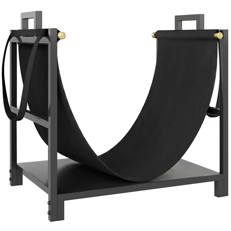 Outsunny Suport pentru Lemne de 48 cm cu Geantă, din Oțel, Capacitate 50 kg, pentru Șemineu, Negru