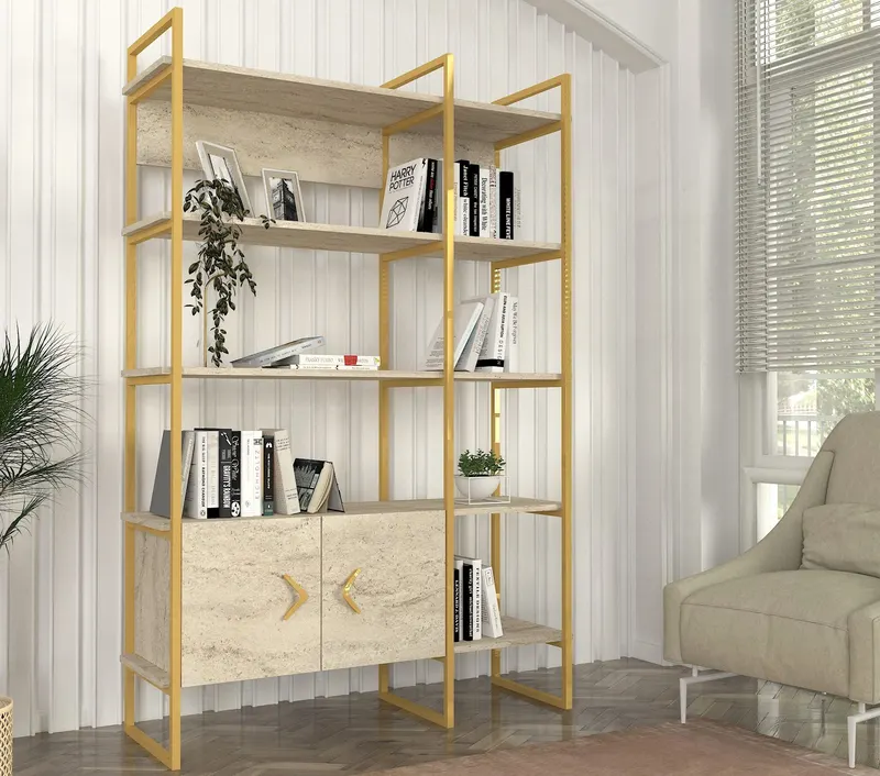 Bibliotecă Santana, Travertin - Auriu, 120x39x180 cm - Bej - Auriu