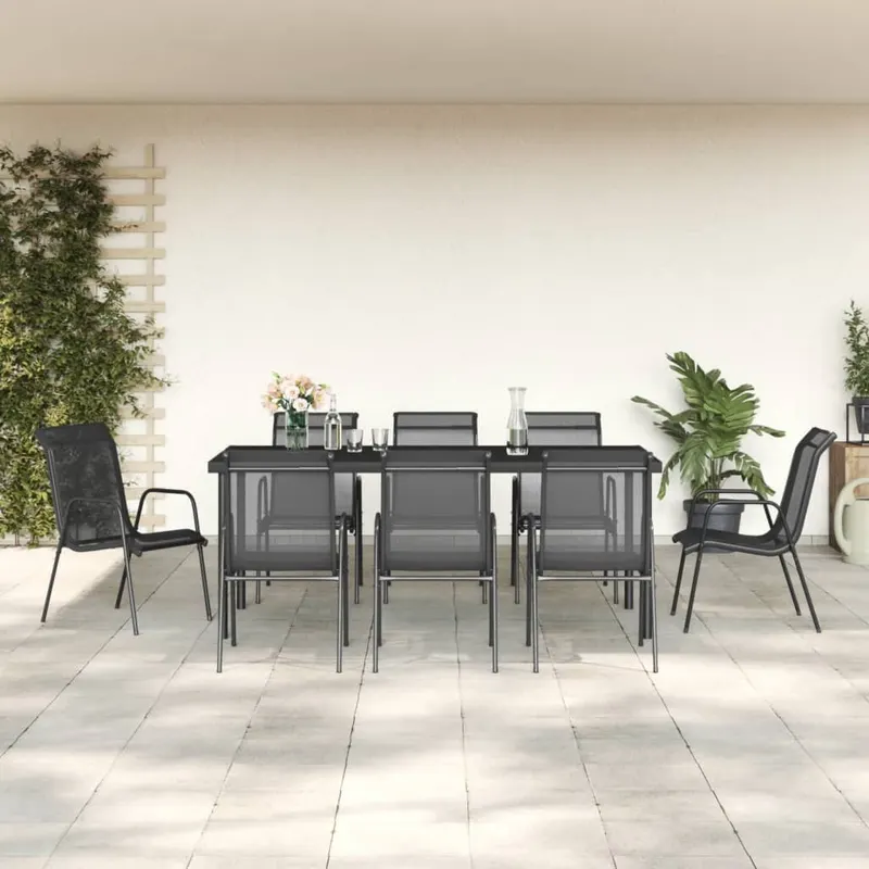 set mobilier de gradina, 9 piese, negru, otel si textilena