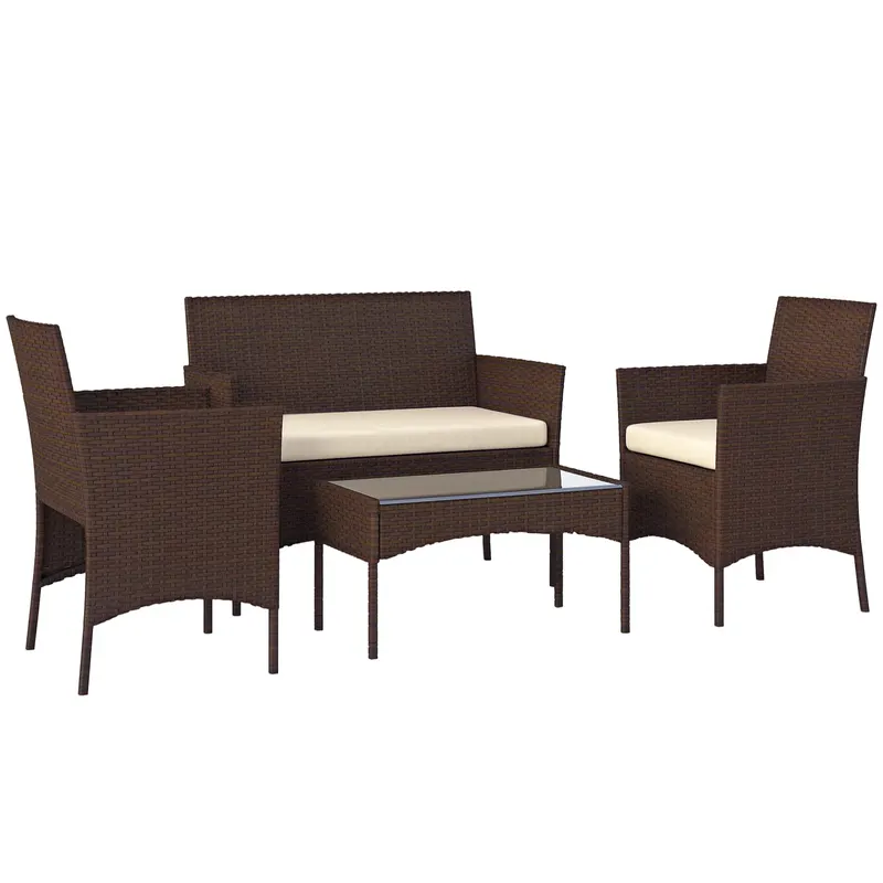 Outsunny Set Mobilier de Grădină din 4 Piese cu Canapea, 2 Fotolii și Măsuță de Cafea, 102x58x82 cm, Maro