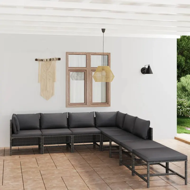 set mobilier de gradina cu perne, 8 piese, gri, poliratan