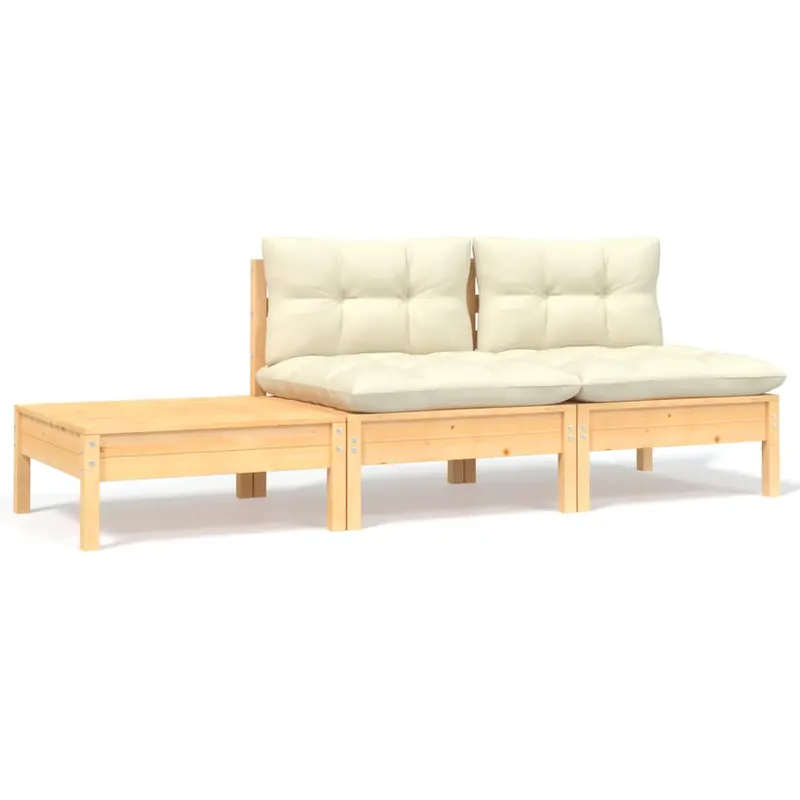 set mobilier gradina cu perne crem, 3 piese, lemn masiv de pin