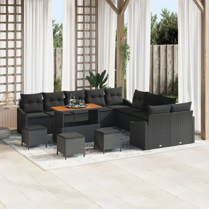 Set de sofa de gradina cu 13 piese cu perne negre ratan poli acacia, sofa de gradina cu 2 locuri cu spatiu de depozitare & perne negre din ratan poli, set de dining de gradina cu 3 piese cu perne negre ratan poli acacia