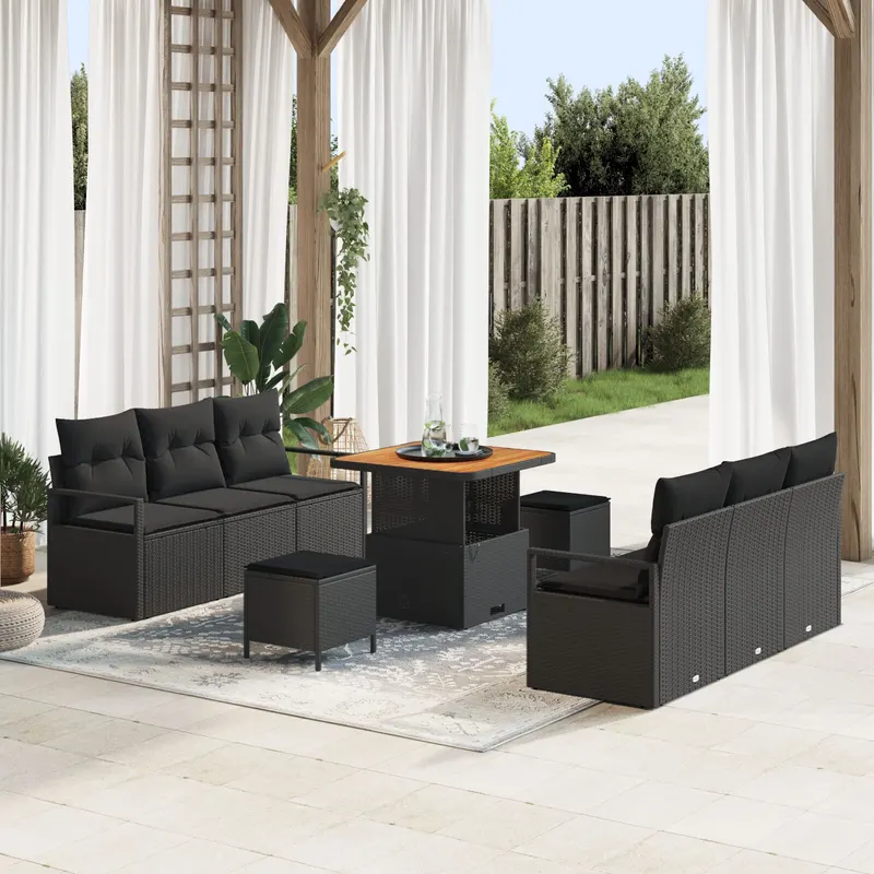 Set de canapea de gradina 9 piese cu perne negru poliratan acacia, canapea de gradina 2 locuri cu spatiu de depozitare & perne negru poliratan, set de mancare gradina 3 piese cu perne negru poliratan acacia